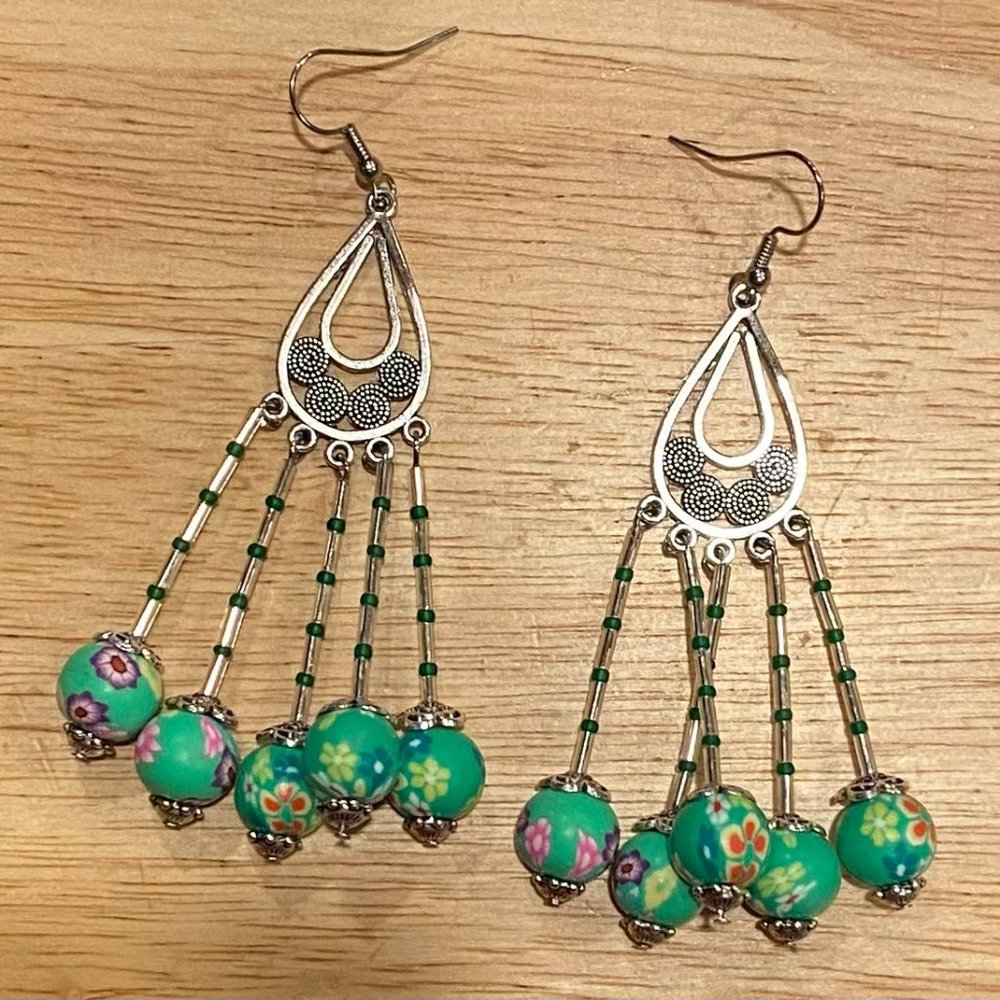 Green Clay Beaded Teardrop Earrings